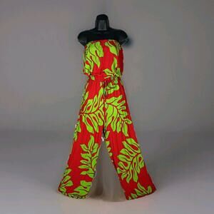 Hula Bay Jumpsuit Womens Medium Red Green Strapless Wide Leg Tropical Leaf Tiki